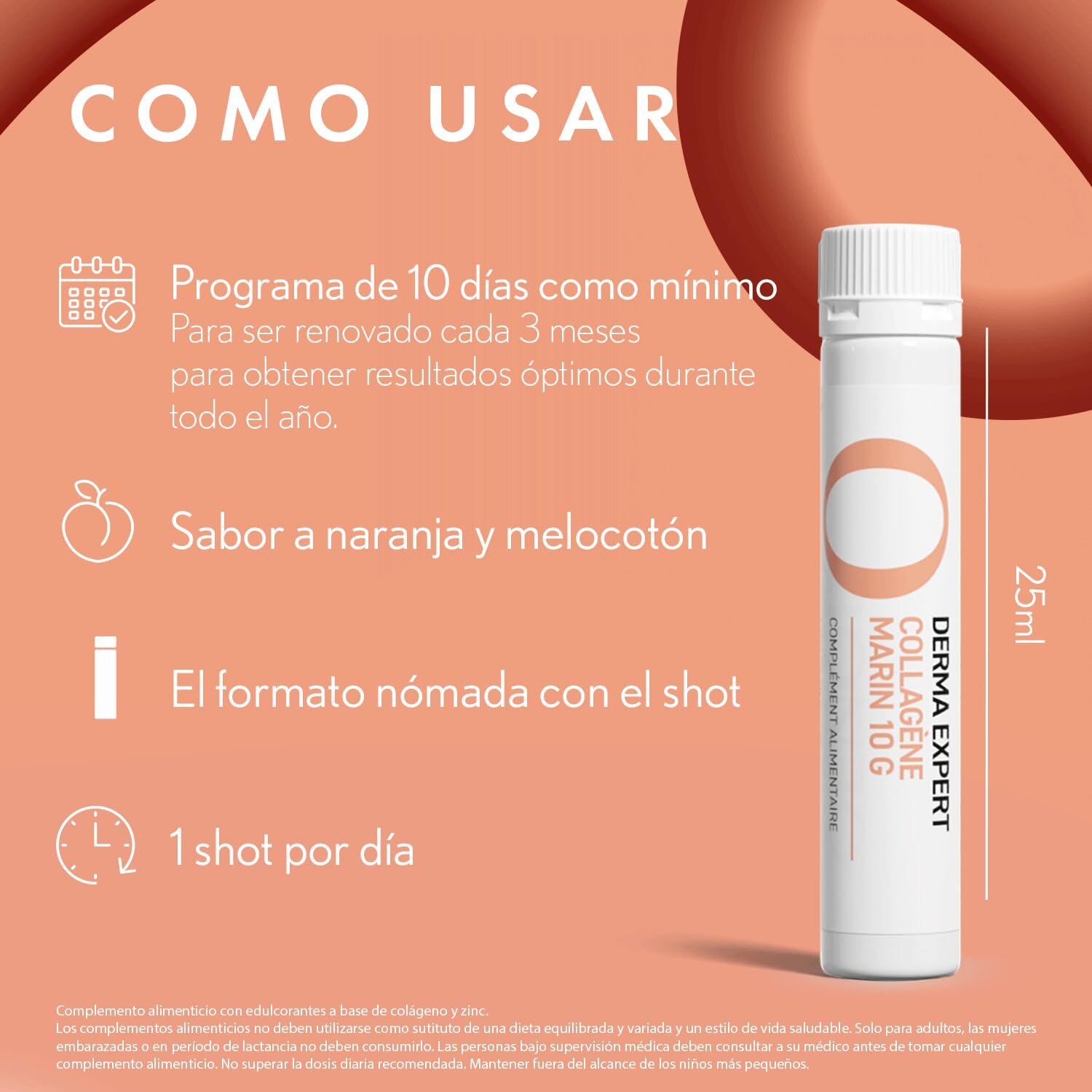 OENOBIOL - DERMA EXPERT COLÁGENO MARINO 10G - Complemento Alimenticio Antienvejecimiento, Antiarrugas y Elasticidad de la Piel, Sabor Naranja-Melocotón, 10 Shots Líquidos