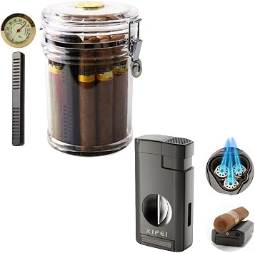 XIFEI Acrylic Humidor Jar and Cigar Lighter Triple Jet Flame with V Cutter
