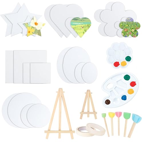 24 Packs Canvases for Painting, Multi Shapes Canvas for Painting Bulk Blank LOVE Painting Canvas Boards Panels with Mini Easels Sponge Paint Brush Palettes for Kids Art Acrylic Oil Painting Watercolor - 02