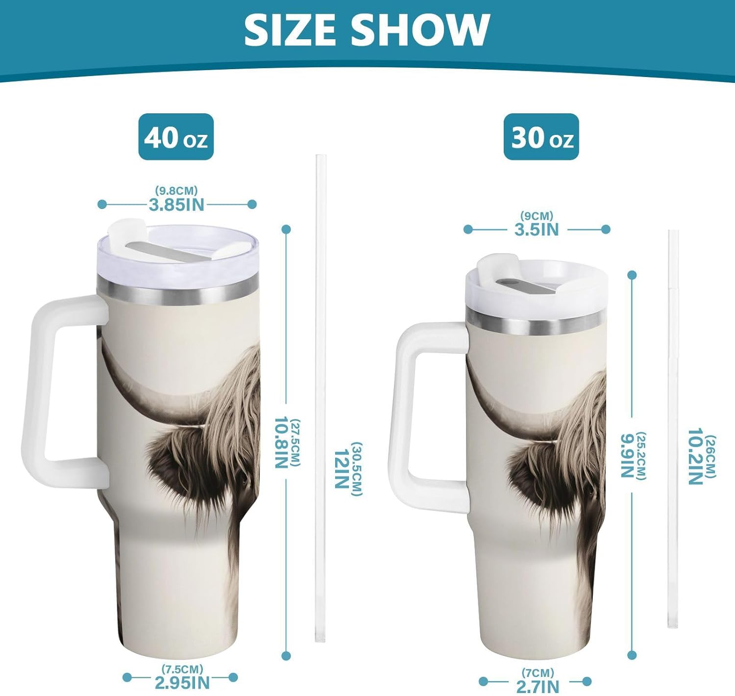 YETTASBIN Highland Cow 40 oz Tumbler with Handle, Stainless Steel Vacuum Insulated Sports Water Bottle, Leak-proof Travel Coffee Mug Cup with Lid and Straw for Water, Iced Tea or Coffee - Image 3