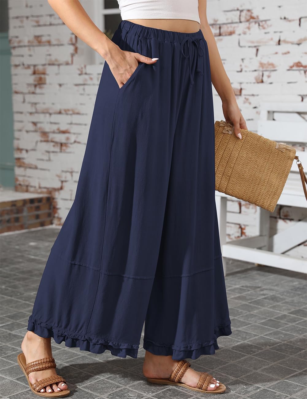 TARSE Womens Linen Palazzo Pants Ruffle Wide Leg Cropped Flowy Drawstring Casual Loose Summer Beach with Pockets