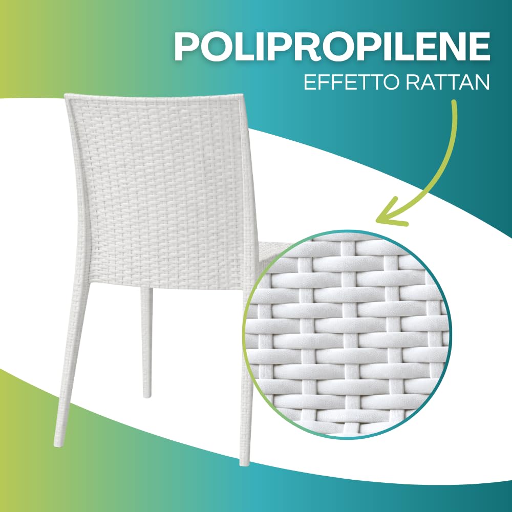 PALUPLUS Set 2 Sedie da Giardino effetto Rattan in Polipropilene colore BIANCO, misura 47x59x86 cm, Sedia Impilabile Senza Braccioli per Esterno ed Interno -VERO954F-9
