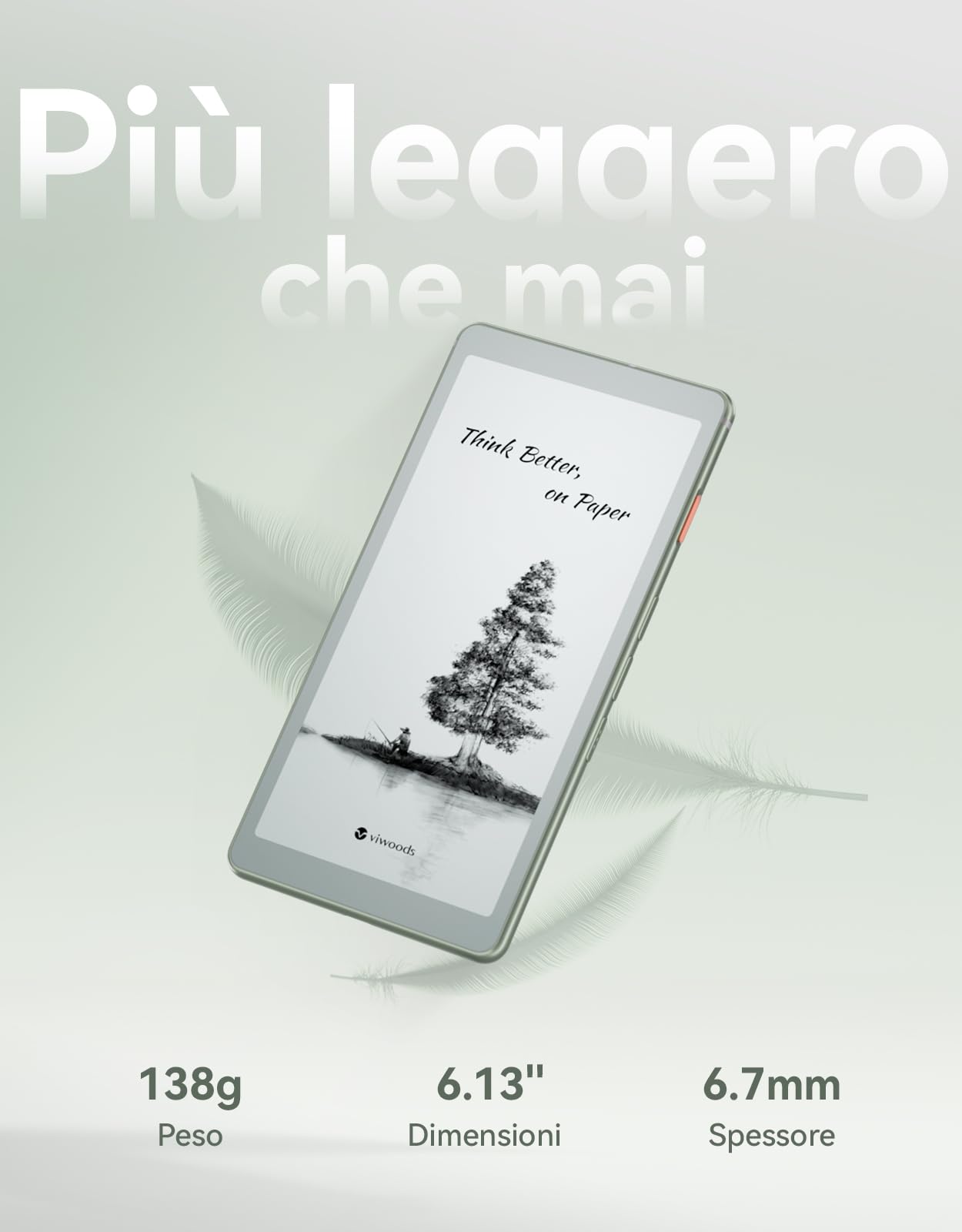 VIWOODS 6,13’’ Carta 1300 AiPaper Reader con connettività 4G, dispositivo eReader E Ink ultra-sottile e leggero, con integrazione AI, 300 PPI, luce frontale regolabile, 128 GB di memoria