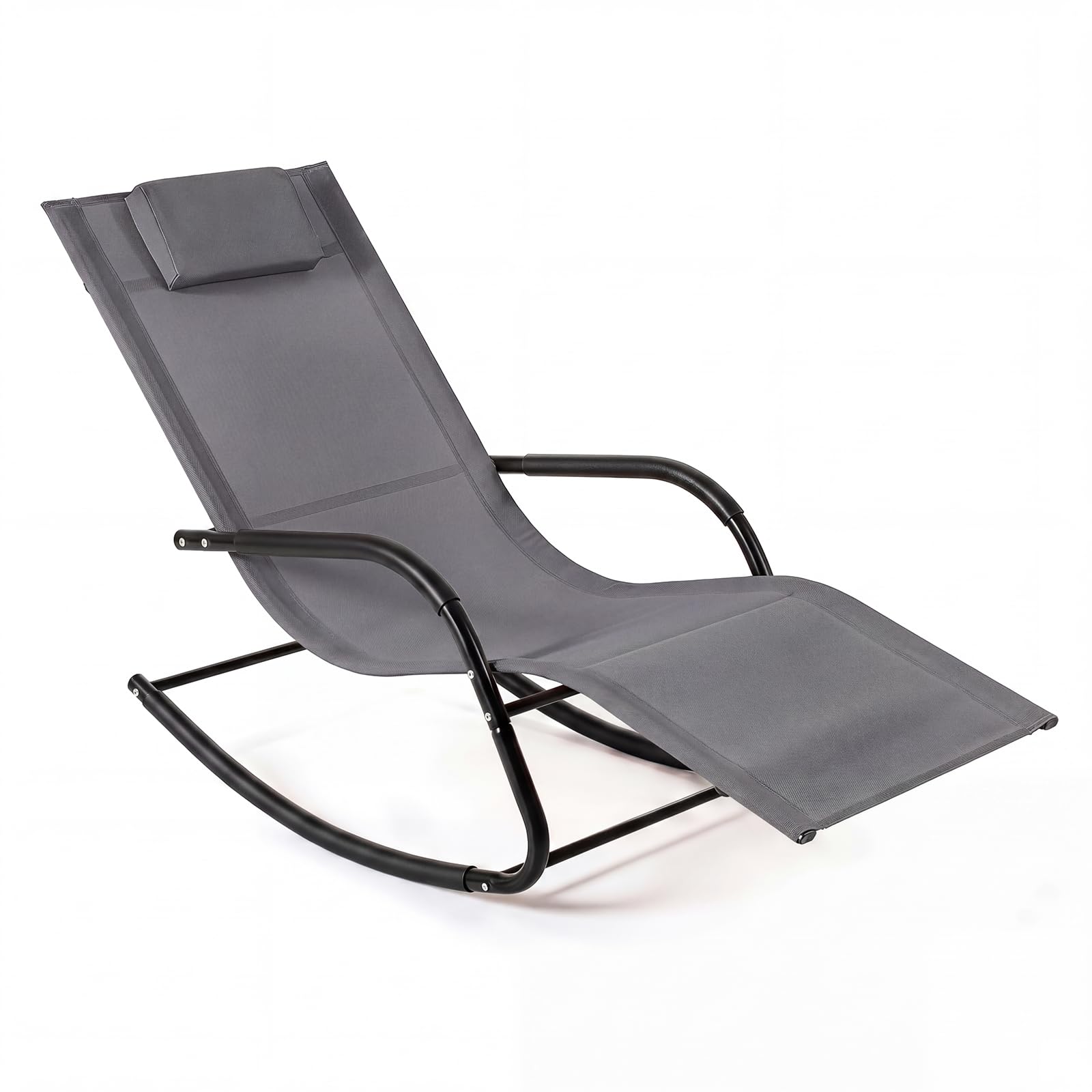 COSTWAY Rocking Sun Lounger, Zero Gravity Recliner Garden Rocking Chair with Headrest & Curved Armrests, Metal Frame Breathable Outdoor Reclining Chaise Lounge Chair for Patio Balcony Poolside (Grey)