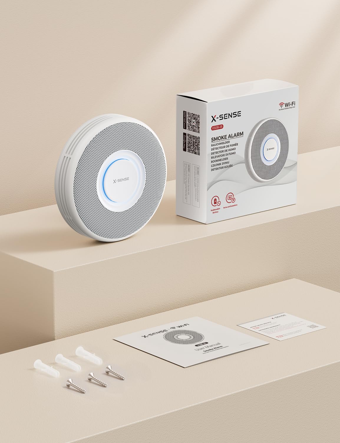 X-Sense Détecteur de Fumée Connecté Wi-FI, Alarme Incendie avec Alertes Vocales en Français, 17 Emplacements, Batterie Remplaçable, Épaisseur 33 mm, XS0B-iR, Lot de 1