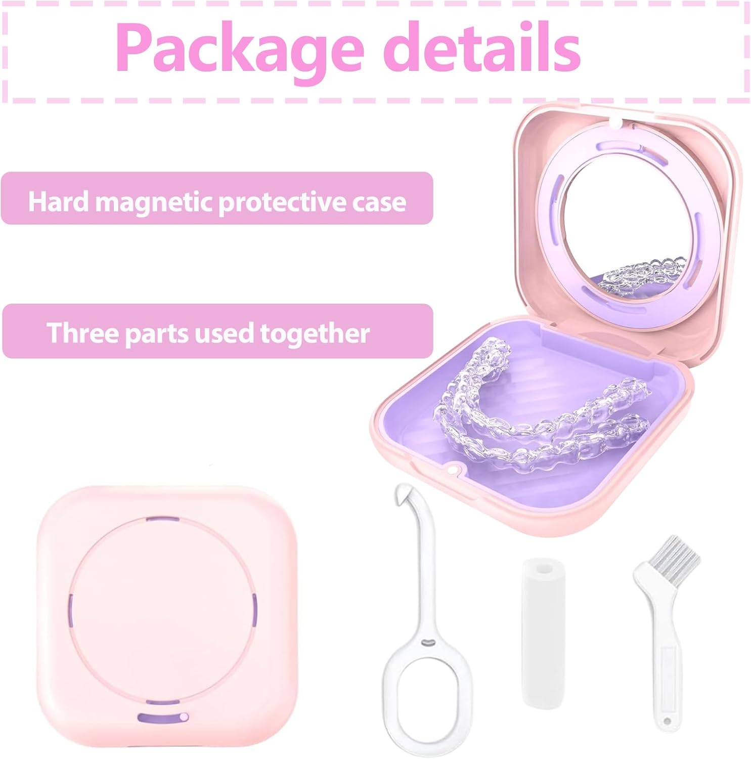 Retainer Case Slim Aligner with Vent Holes, Compatible with Invisalign, Mouth Guard Cases with Mirror, Cute Orthodontic Retainer Case with Retainer Removal Tool and Brush (Pink) image 5