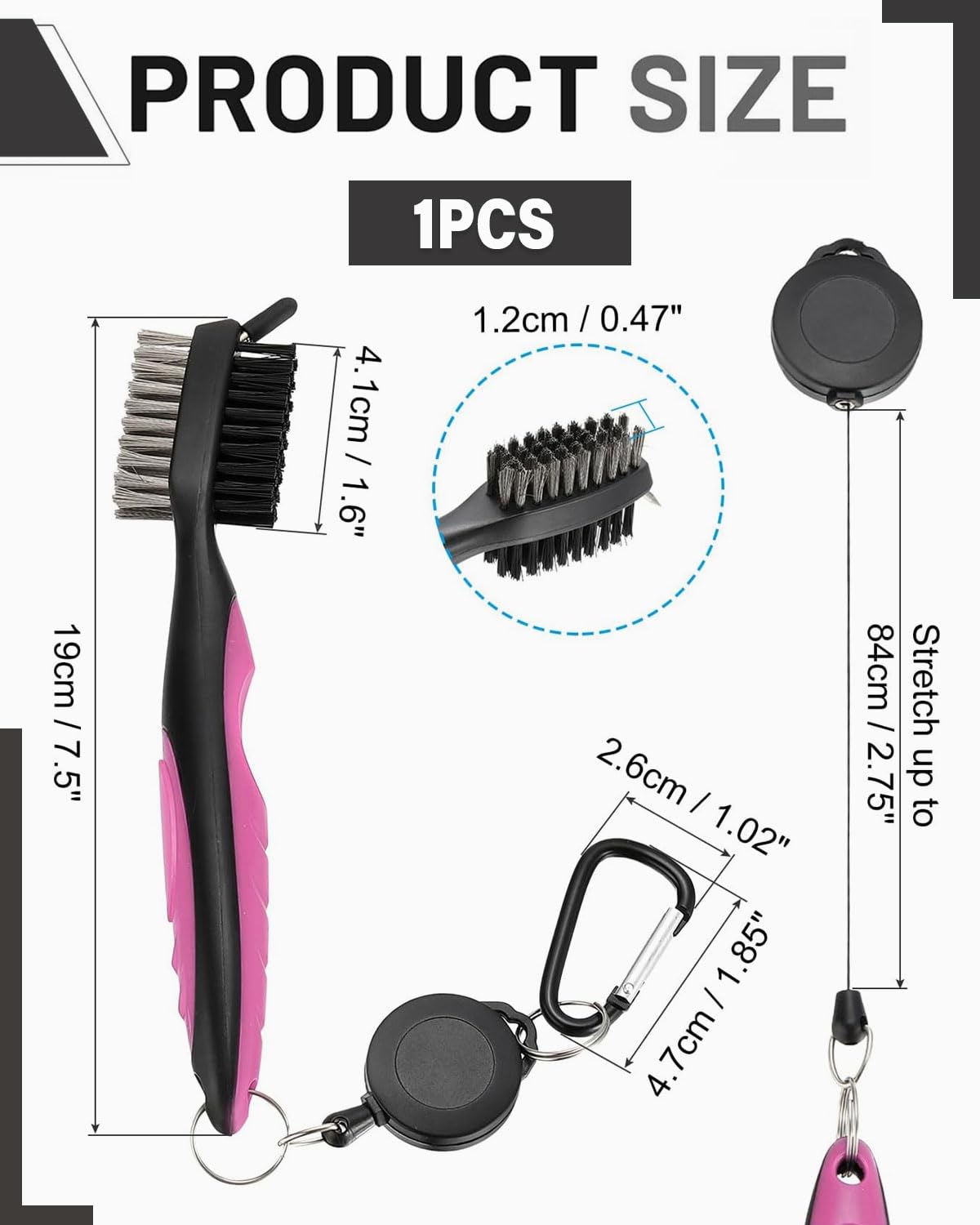 Spazzola per Mazze da Golf e Pulisci Groove Spazzola Doppio Lato Nylon, Acciaio con Setole per Pulire Faccia e Groove delle Mazze – Completo di Moschettone per Aggancio Comodo alla Sacca