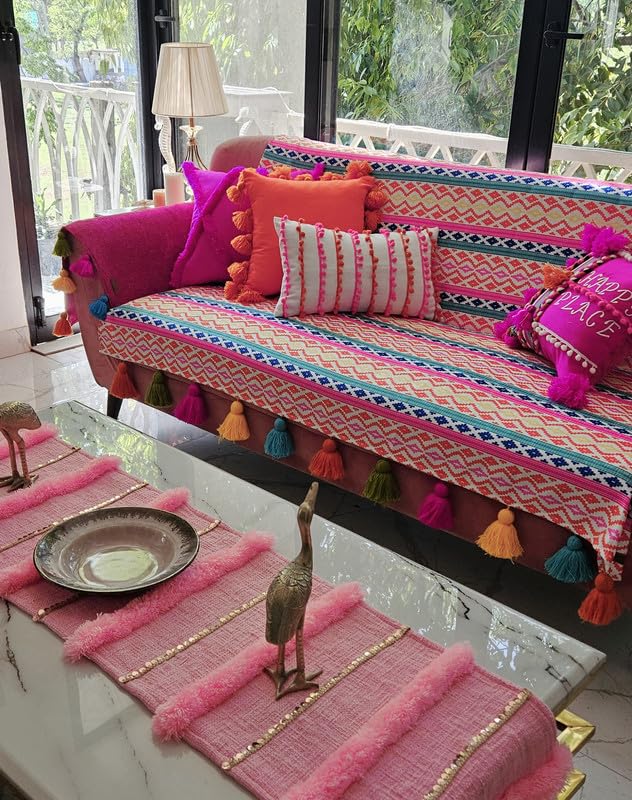 Image of Rainbow Aztech Tassel Sofa Cover: Thick Fabric, Scratch & Shrink Resistant: Seat & Front Back Protection -Set of 2 Seat Covers & Single Back Cover- L Shape Sectional (3 Seater + 2 Seater Lounger)