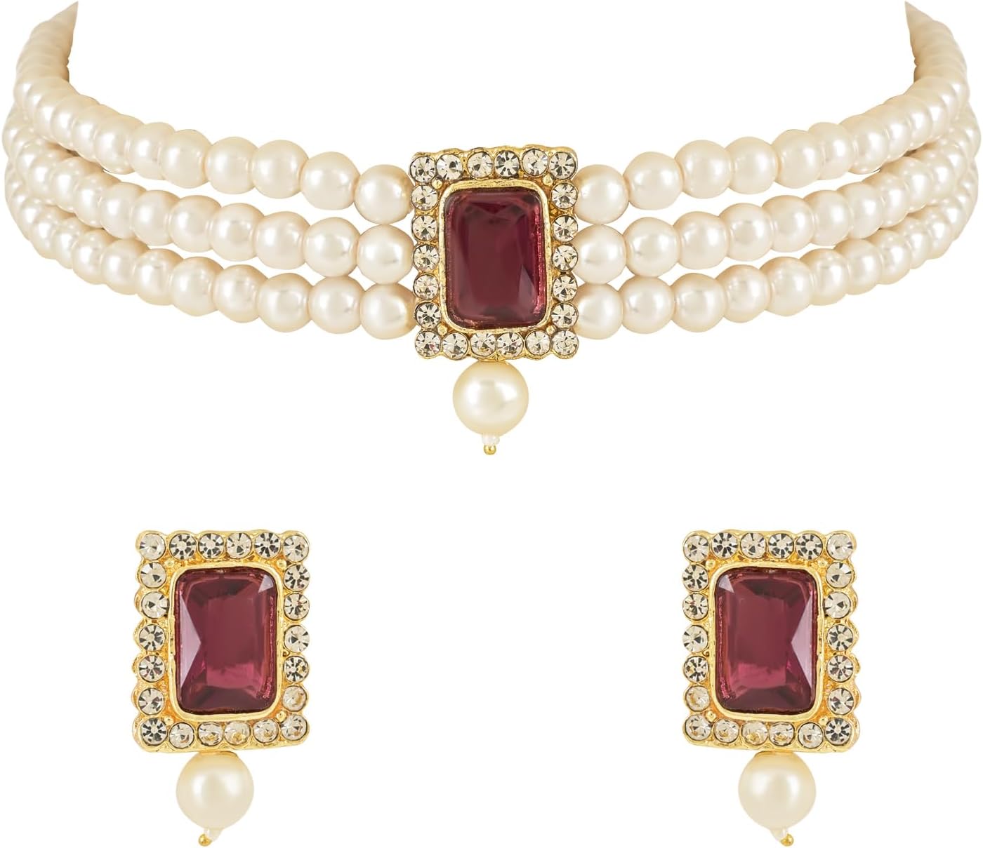 I Jewels Indian Wedding Bollywood Stone Pearl Choker Necklace With Earring Jewellery Set For Women (Style 1)