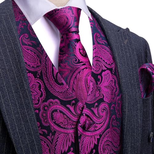 Image of Barry.Wang Men's Suit Vest Tie Bowtie Set Formal Silk Paisley Waistcoat Hanky Cufflinks Lapel Pin Set Wedding Party 7PCS