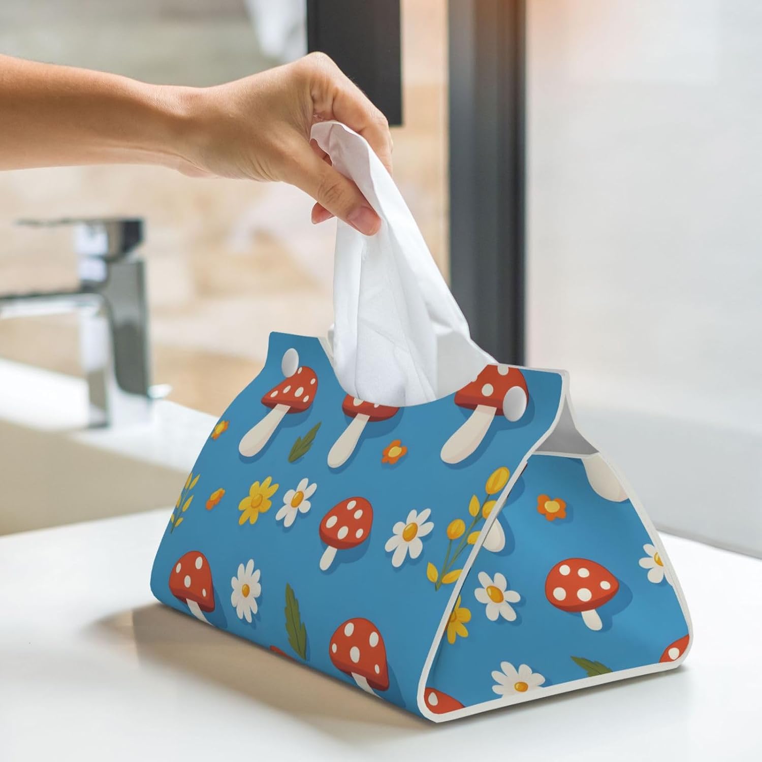 Cute Sewant Mushroom Flower Rectangle Tissue Box Cover Rectangular Tissues Boxes Cover Decorative Tissue Case Paper Holder Organizer Long Leather Tissue Case Box Cover for Bedroom Dining Office Desk image 3