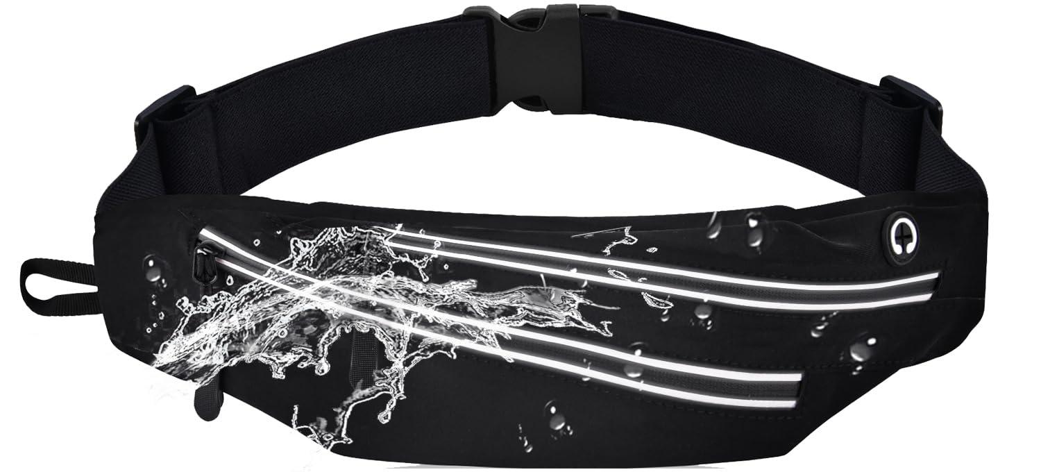 Running Belt for Men Women Waterproof Fanny Pack Crossbody Running Waist Bag Packs Running Pouch with 2 Pockets Elastic Running Belt Bag with Cell phone Port for Gym Workouts Travel Money Belt Black