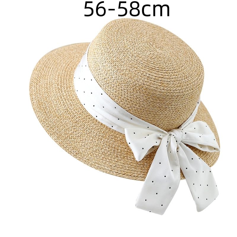 Sombrero de Paja de ala Ancha y Plana para Mujer,Ligero,con Lazo de Lunares de Satén,Transpirable,Resistente A Los Rayos UV,para Playa,para Caminar y Viajar