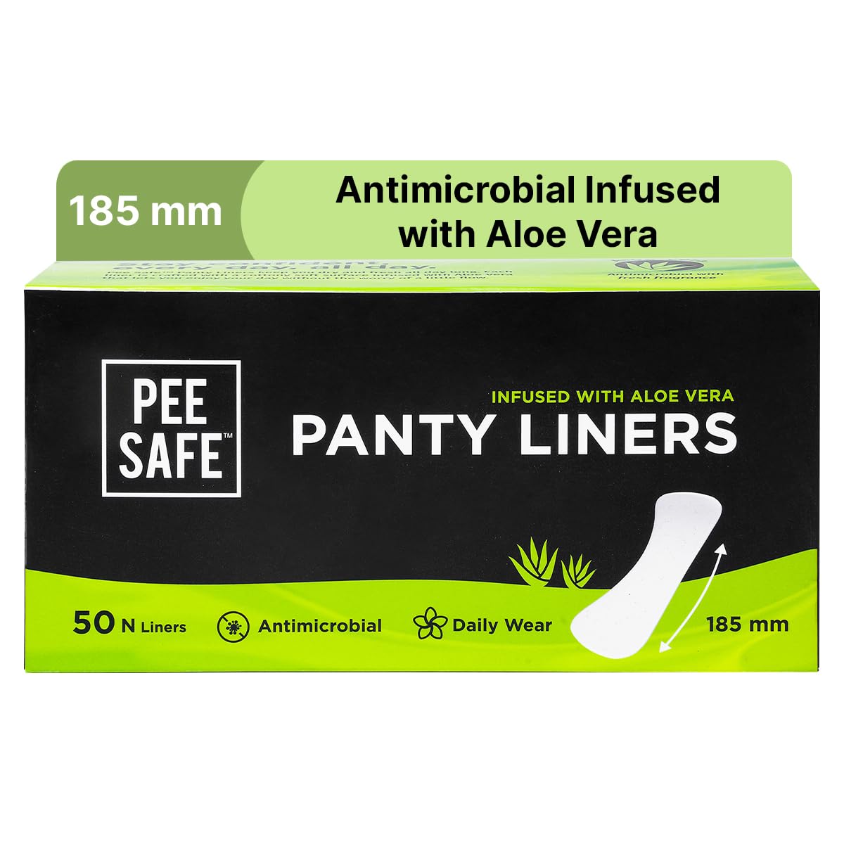 PEESAFE Aloe Vera Panty Liners (Pack of 50 Liners) | Curvy Design For Extra Comfort | Cottony-Soft Surface With 185mm Wide Optimal Coverage