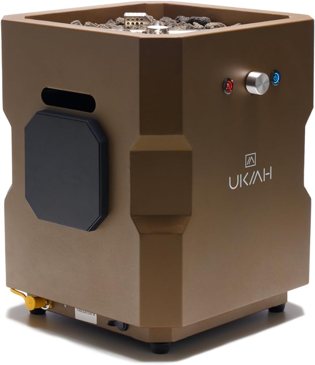 Onlyfire Tailgater II Music Fire Fit Table by Beat Fire to Music Technology - Portable Brown Camping Fire Pit with Stainless Steel Burner, Lava Rock & Built-in Entertainment Sound System