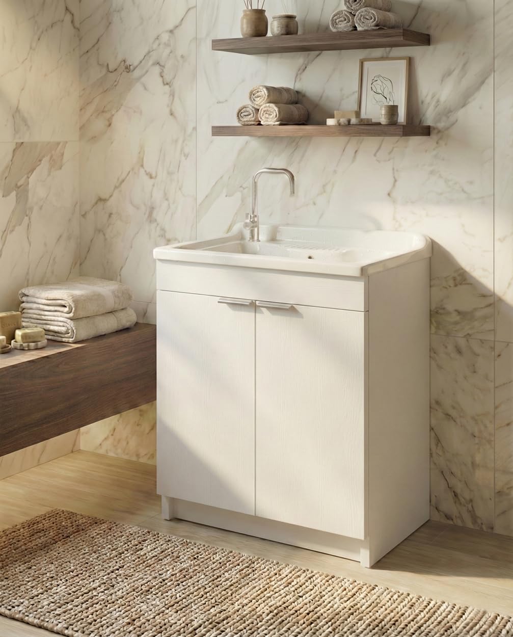 Delmar Mobile Lavatoio in Legno Nobilitato, Bianco, 75x60 cm Altezza 85 cm, Con Sportello Push e Lavabo Pila Pilozzo in Resina, Made in Italy, Già Montato per Bagno e Lavanderia