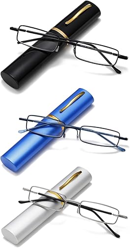 2 pares Slim Mini Metal Lectura Gafas Compacto Ligero Portátil Lectores con Gafas Caso para Lectura Caso +2.5 (Plata)