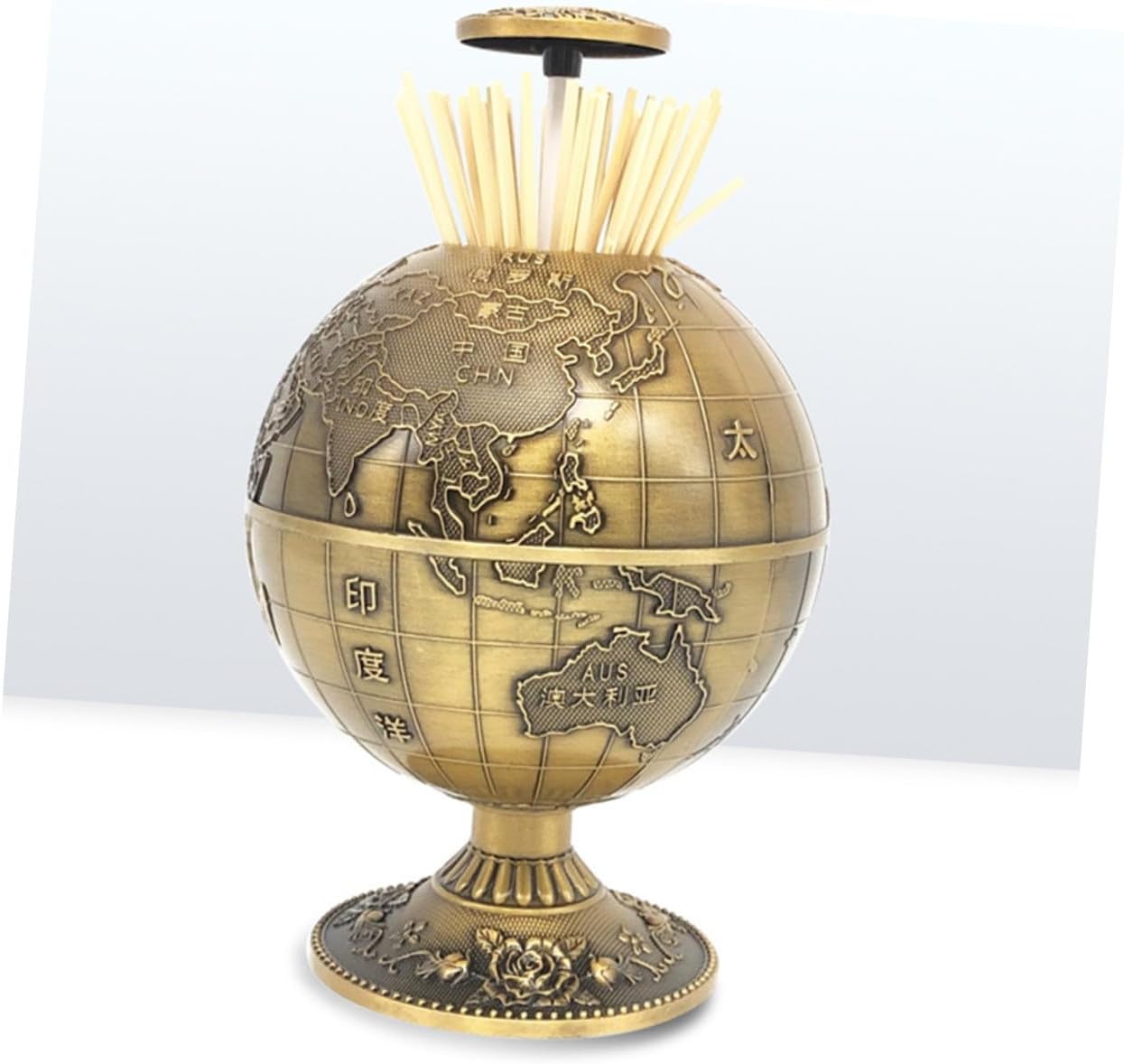 Press-type Toothpick Holder Box with Sphere Earth Map Design Classic Copper Toothpick Dispenser for Home Dining Table