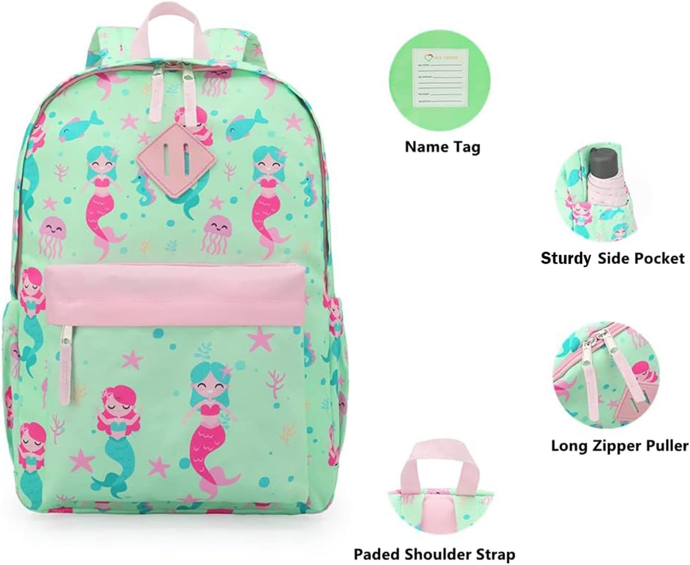 KK CRAFTS Preschool Backpack Kindergarten Little Kids Toddler Elementary School Backpacks for Boys and Girls with Chest Strap(15Inch, Green Mermaid)