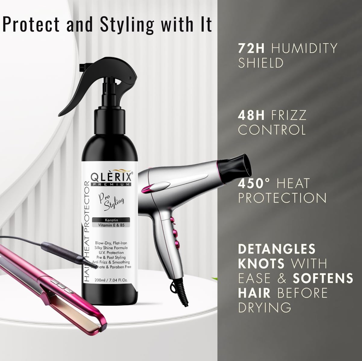 QLÈRIX Premium Heat Protection Spray for Hair Styling | Keratin & Vitamin E B5 Hair Heat Protector Spray for Blow Dry, Straightening & Anti Frizz Protection | Silky Smooth Finish | 200ml 2
