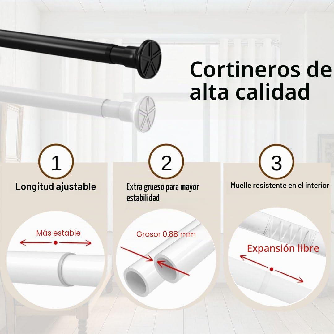 Venwemong Barra de cortina sin taladrar, barra telescópica extensible, barra ajustable para cortina de ducha para armario, negro, 185-360 cm