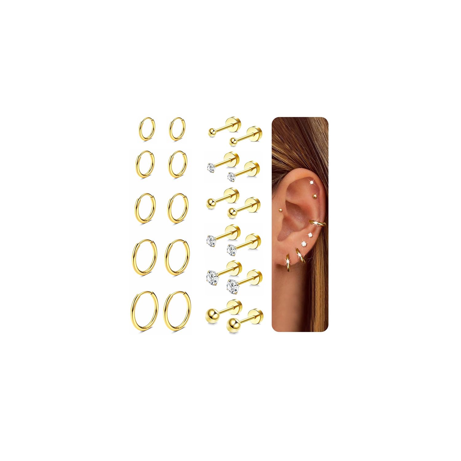 LOLIASSmall Hypoallergenic Flat Back Stud Earrings for Women Men 14K Gold Plated Surgical Stainless Steel Earring Sets Tiny Screw Back Cartilage Earrings for Sensitive EarsRecycled Claim Standard 100