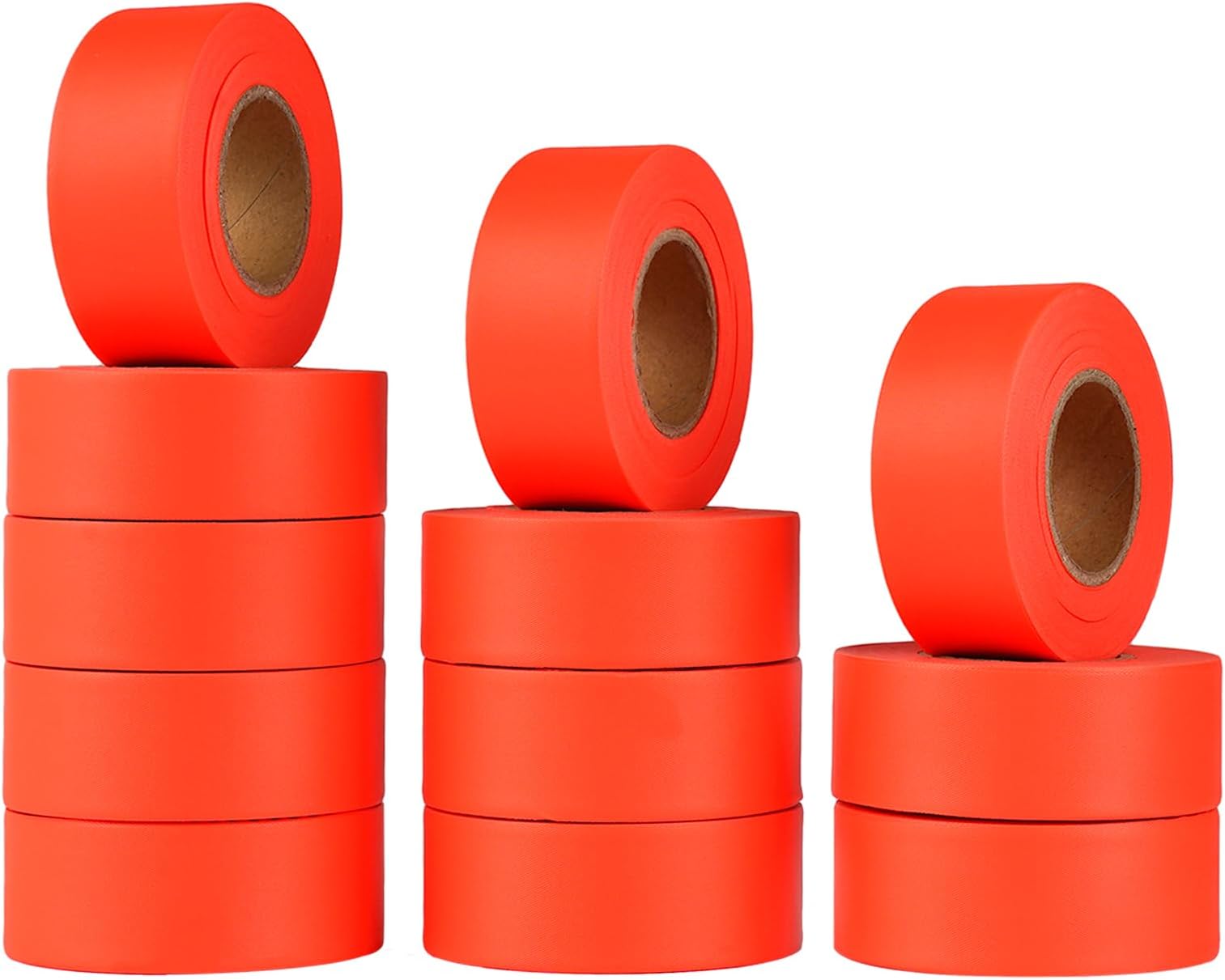 Fluorescent Orange Flagging Tape 12 Rolls - Non-Adhesive Neon Marking Surveyors Caution Tape, for Tree Marking, Hunting, Boundaries Areas Marking, 1-3/16 in. x 150 ft,3.35 Mil Thick