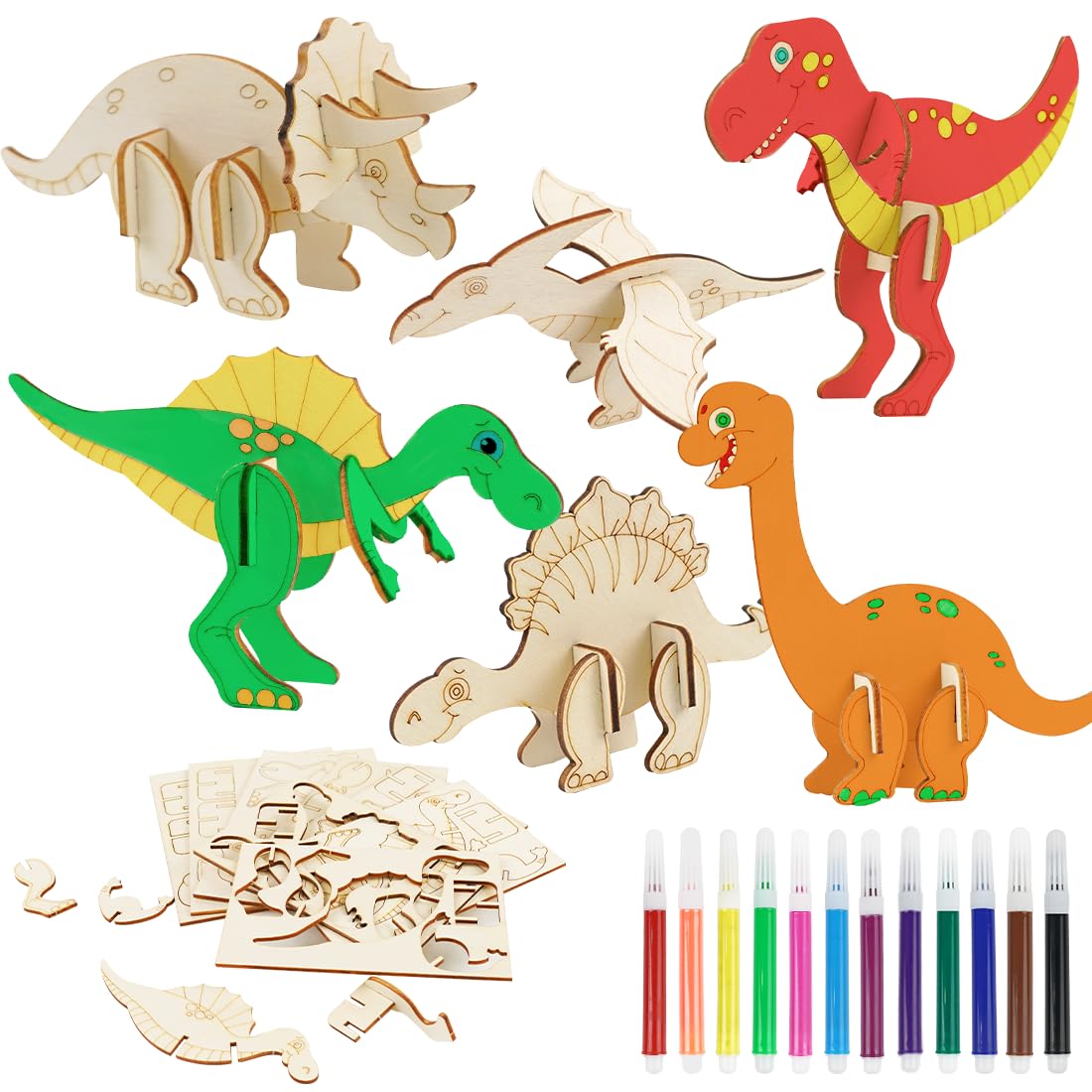 24 Pieces Wooden Dinosaur Kits for Children, Wooden DIY Dinosaur, DIY Dinosaur Painting Set, 3D Dinosaur Puzzle Crafts, Creative Dinosaur Birthday Gift Child
