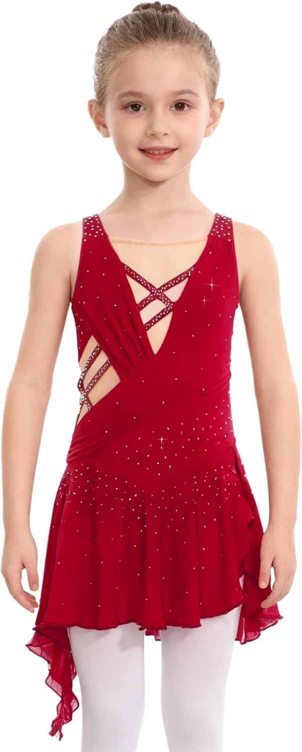 Jhaoyu Kids Girls Sparkle Rhinestones Figure Skating Dress Sleeveless Solid Color Lyrical Ballet Dance Dress