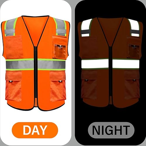 Miniatura 4 de HYCOPROT High Visibility Reflective Safety Vests with Zipper and 8 Pockets, Meets ANSIISEA Standards