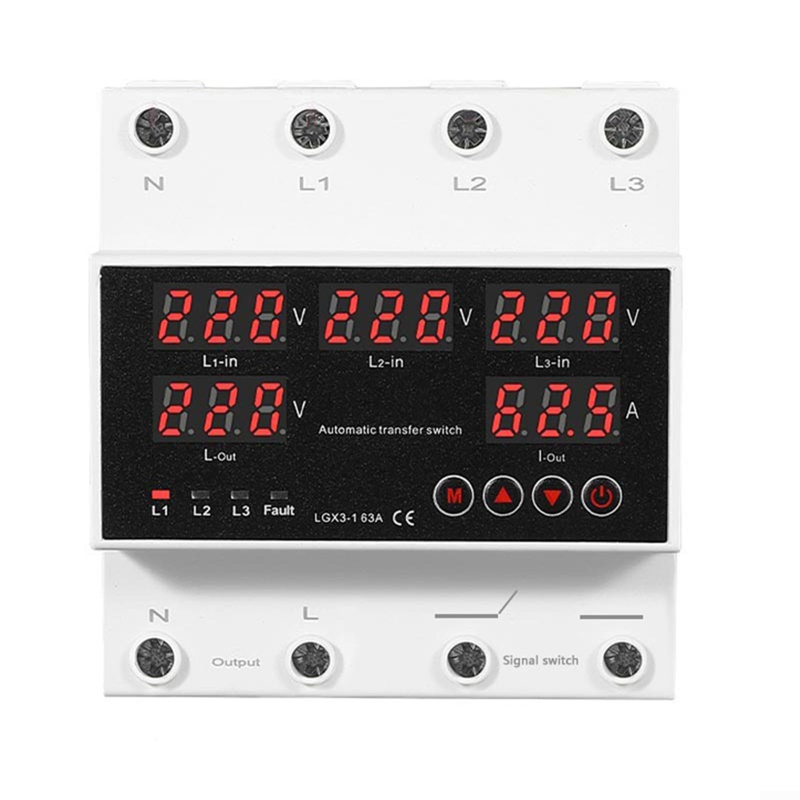Conmutador automático de 3 vías 63 A con pantalla LCD, interruptor de transferencia de red/generador/inversor, protección de sobre/baja tensión ajustable, prioridad y retardo de tiempo para