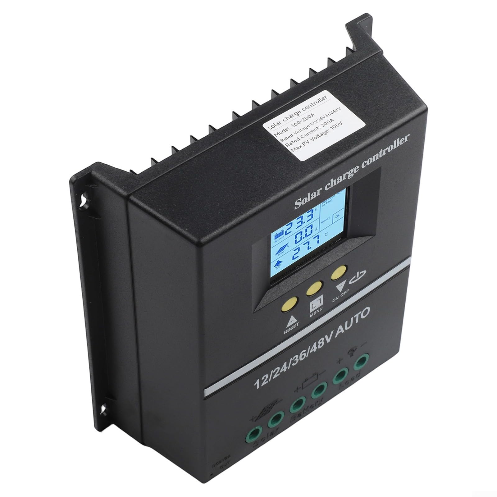 Regulador de carga solar MPPT de 200 A con pantalla LCD para sistema de batería de 12 V/24 V/36 V/48 V, puertos USB duales, controlador de panel solar con 7 modos de funcionamiento protección