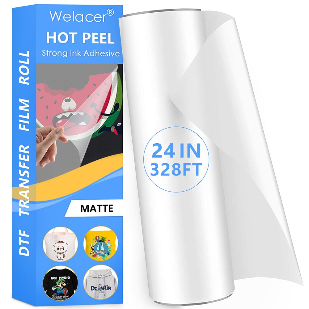 Welacer DTF Transfer Film Roll 24 Inch x 328 FT for Double-Side Matte Clear Pretreat Sheets, PET Heat Transfer Paper for Inkjet Printer Direct Print(Hot & Cold Peel)