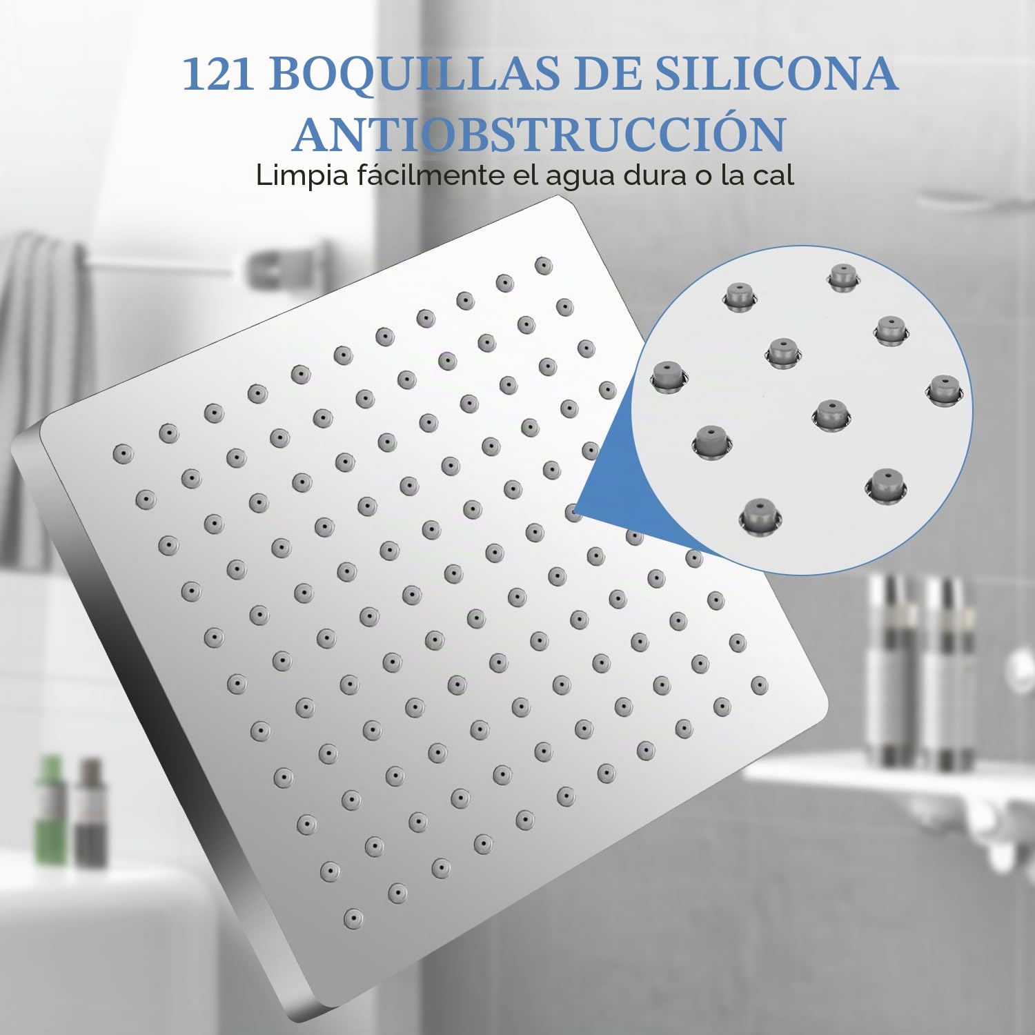 AiQInu Alcachofa de ducha cuadrado de 20cm con efecto lluvia, ajustable, ahorro de agua con boquillas antical, cabezal de ducha de cascada de acero inoxidable, diámetro de 20 cm, Plata