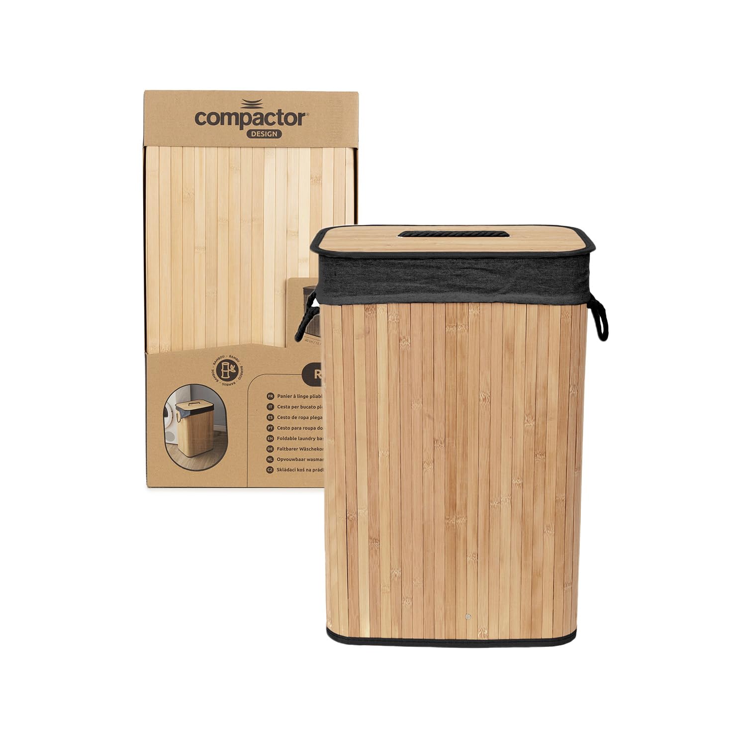COMPACTOR - Panier à linge pliable en bambou avec couvercle - Tissu intérieur noir lavable - Poignées en corde - Format compact 40 x 30 x H60 cm - Design naturel et élégant