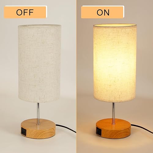 Miniatura 5 de Hurrah Lámpara de mesa al lado táctil  Lámpara de noche regulable de 3 vías, lámpara táctil de madera E26 con puerto USB y pantalla redonda de tela