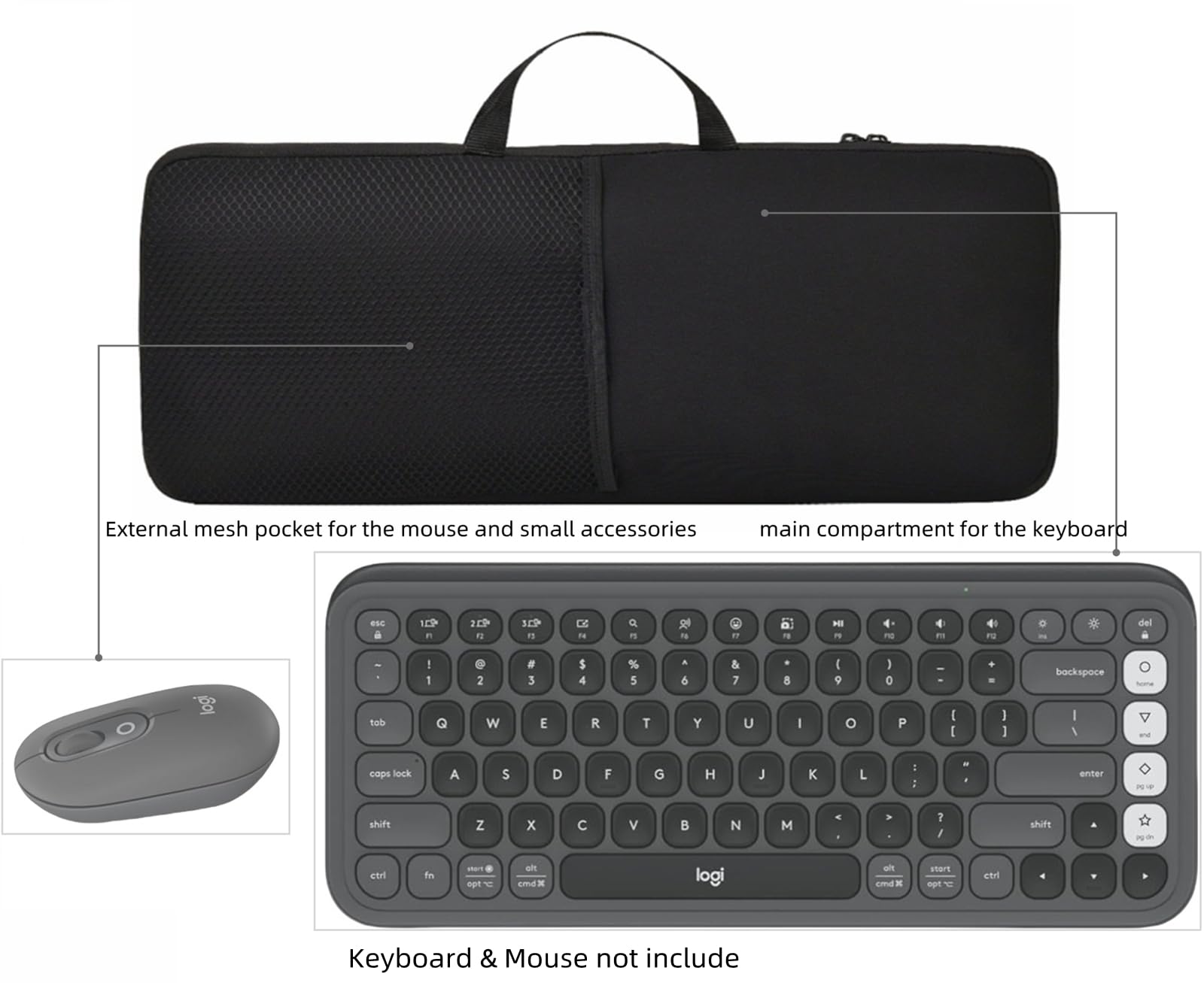 Portable Waterproof Dustproof Shockproof Neoprene Carrying Case for Logitech POP ICON Keys Wireless Bluetooth Keyboard & Mouse Combo | Foldable Design with Handle & Mesh Pocket