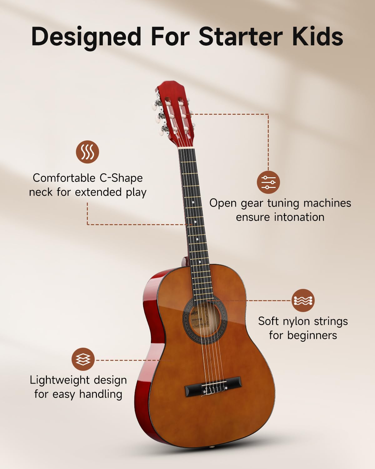 Moukey 36" Akustikgitarre für Anfänger Kinder Jugendliche 3/4 Dreadnought Reisegitarre Gitarren-Set mit Akkordposter, Gigbag, Stimmgerät, Plektren, Nylonsaiten, Kapodaster und Gurt – Braun