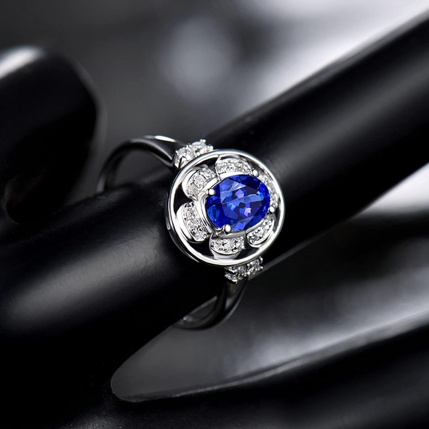 18K White Gold Ring 0.885ct Oval Shape Tanzanite with 0.14ct Diamond Wedding Bands for Girls