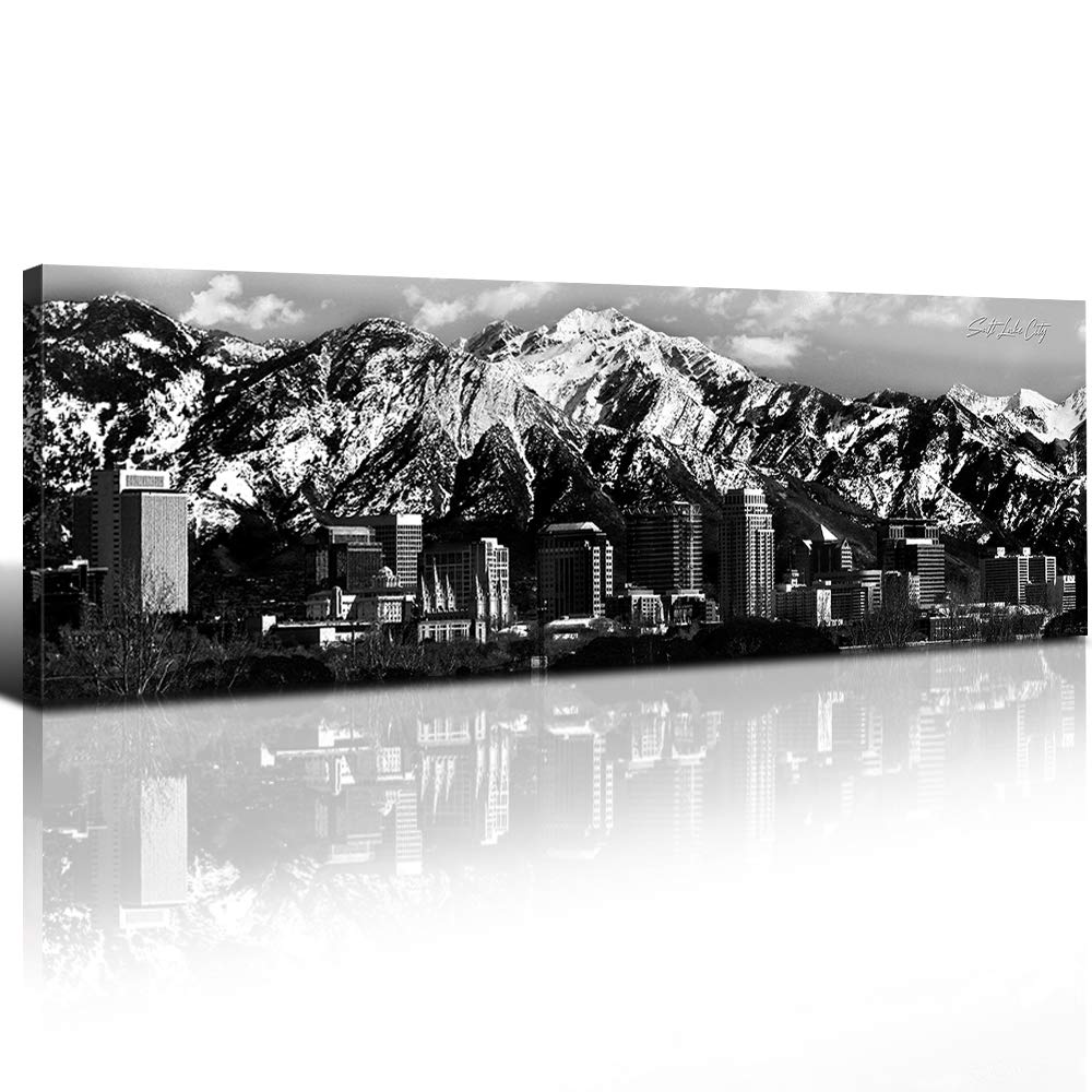 Salt Lake City Wall Art Bedroom Utah Decor Black and White Wasatch Rocky Mountain Canvas Picture Snow Nature Landscape Poster USA Cityscape Panoramic Artwork for Living Room Office Home Decorations