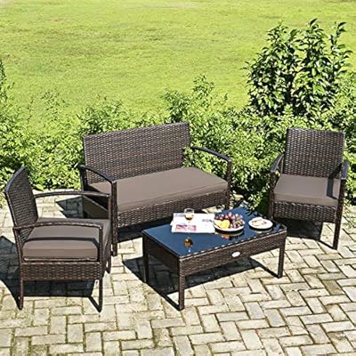 Toolsempire Outdoor Conversation Set 4 Pieces Patio Furniture, Wicker Patio Chair Sofa Set with Water-Resistant Dark-Brown Cushion & Tempered Glass Table for Backyard, Balcony, Porch(Brown)