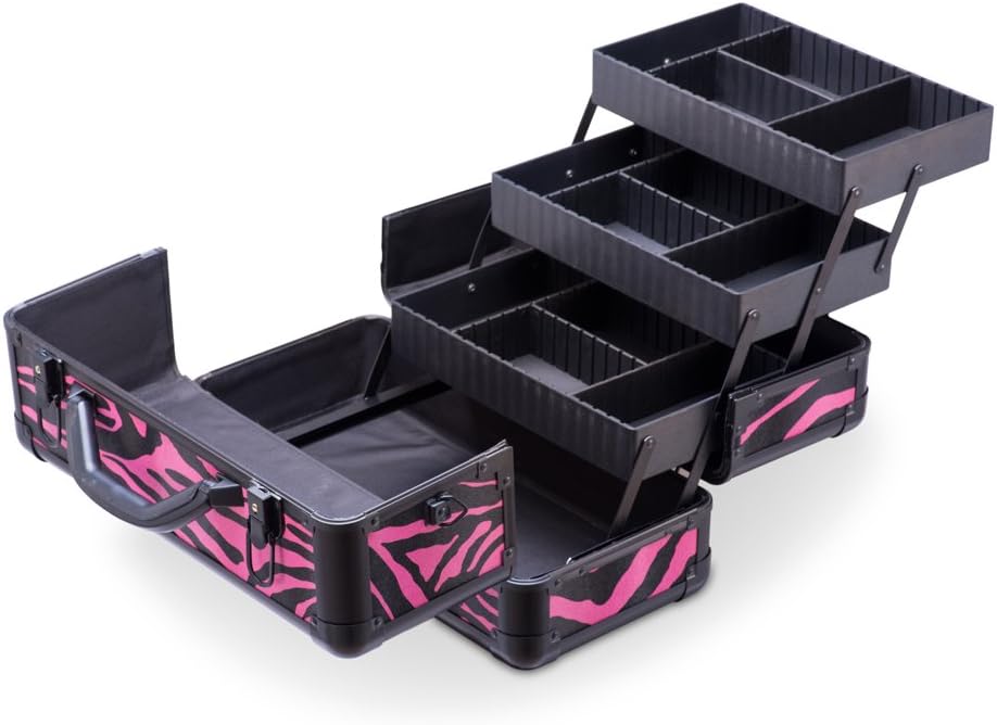 Professional Makeup Artist Beauty Aluminum Makeup Train Case w/Brush Holder and Optional Removable Shoulder Strap (Pink Zebra Stripes)