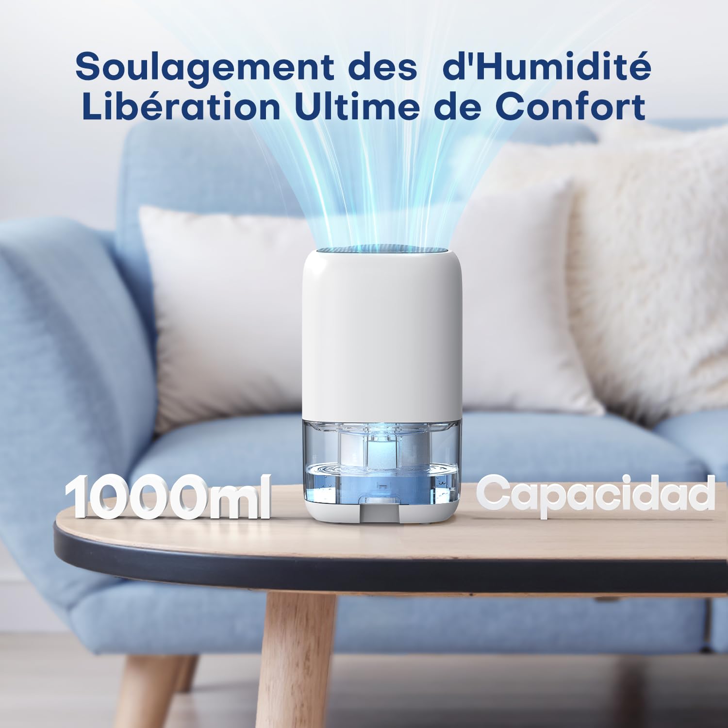 Deshumidificateur d air 1000ML, Déshumidificateurs Maison avec LED 7 Colorées, Compact, Silencieux et Efficace pour Petits Espaces,Idéal pour Salle de Bain, Placard