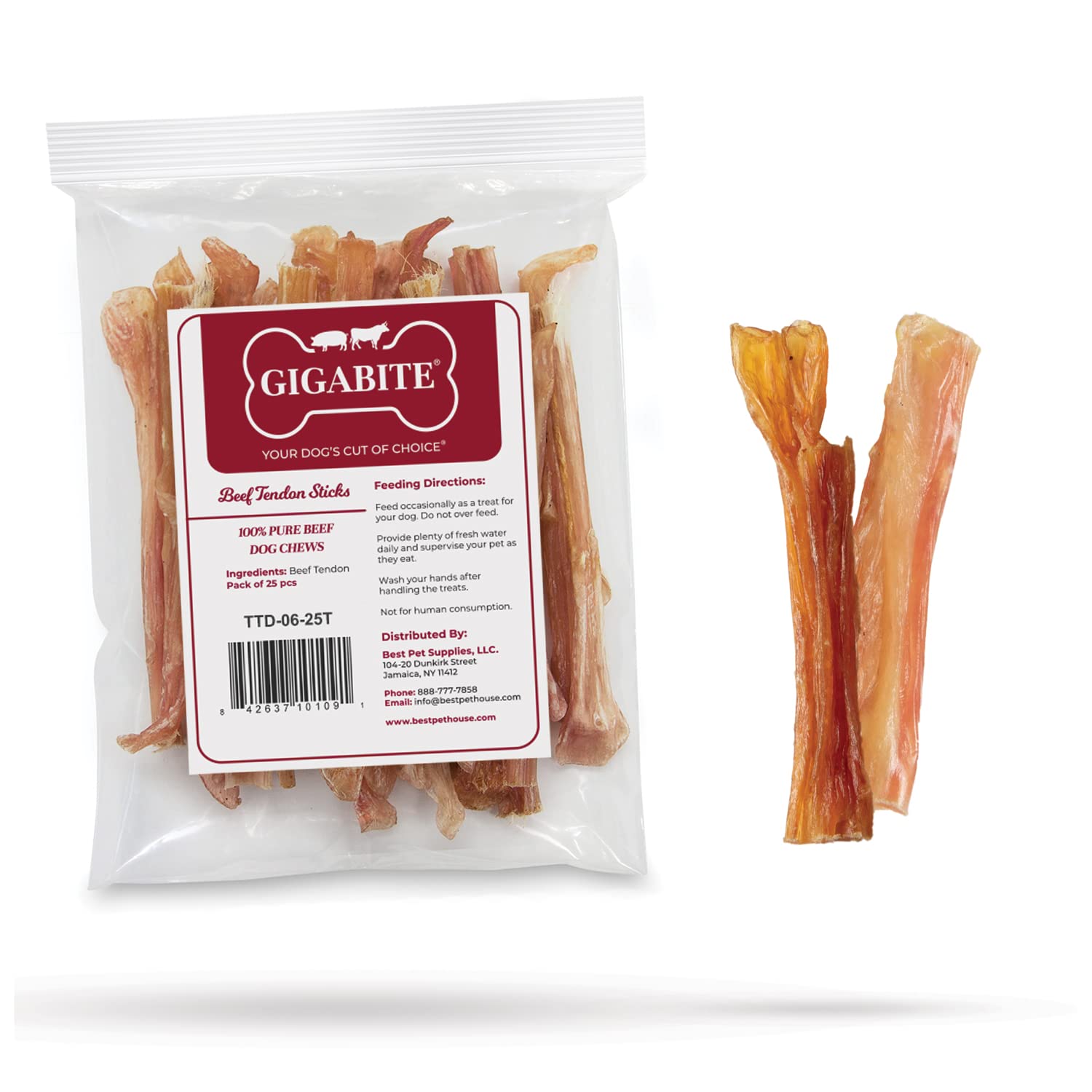 GigaBite 6 Inch All Natural Beef Tendon Sticks by Best Pet Supplies - Pack of 25