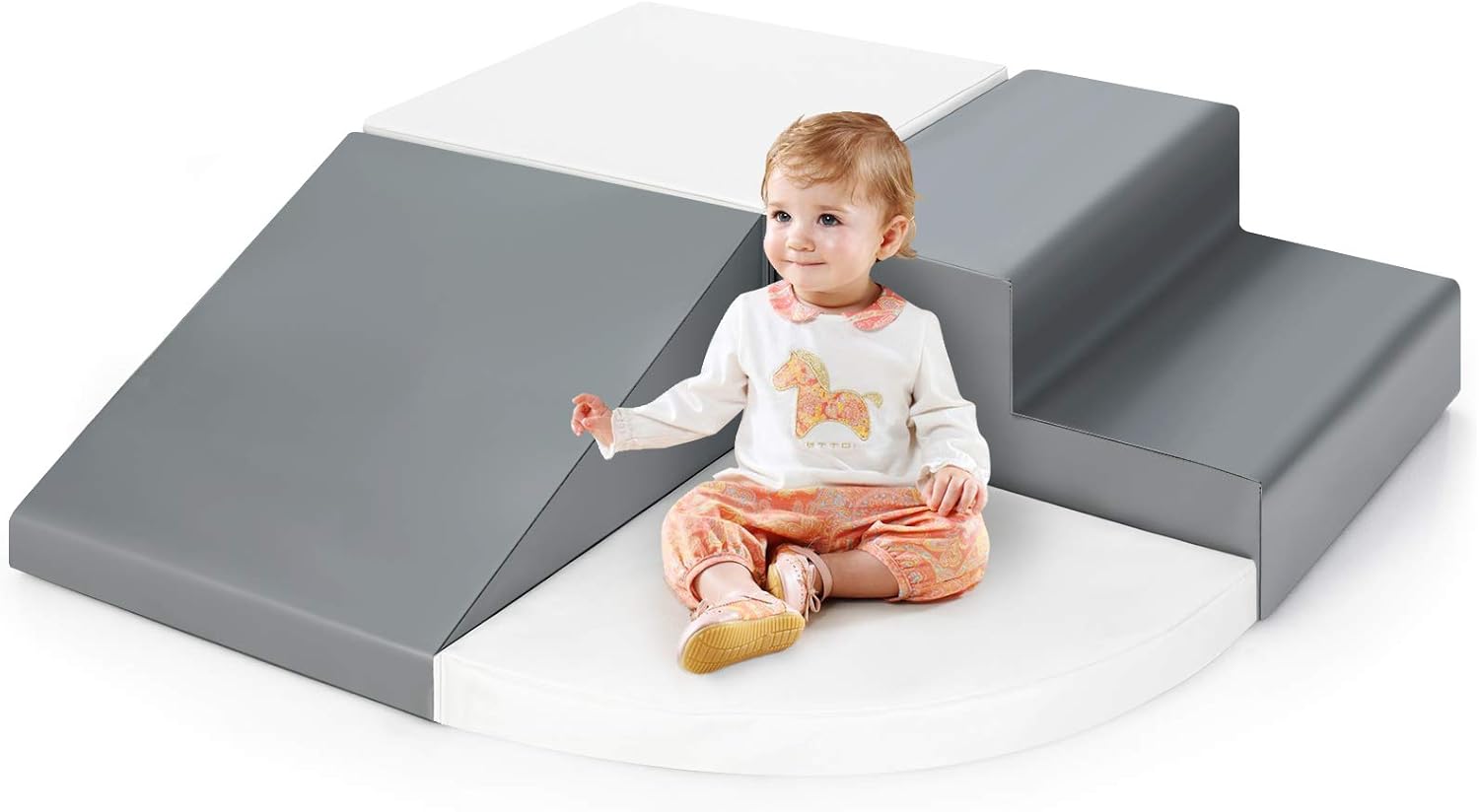 Costzon Climb and Crawl Foam Play Set, 4-Piece Soft Toddler Corner Climber Indoor Active Play Structure for Babies & Toddlers, Great for Climbing, Sliding and Physical Activity (White + Grey)