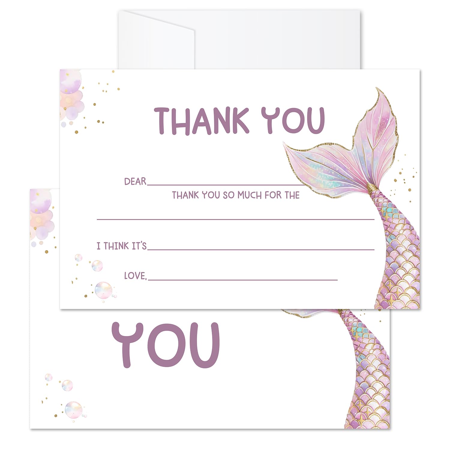 lamocho Mermaid Birthday Thank You Cards, Purple Baby Shower Mermaid Thank You Cards For Kids Fill In The Blank (20 Pcs & Envelopes)/GX04