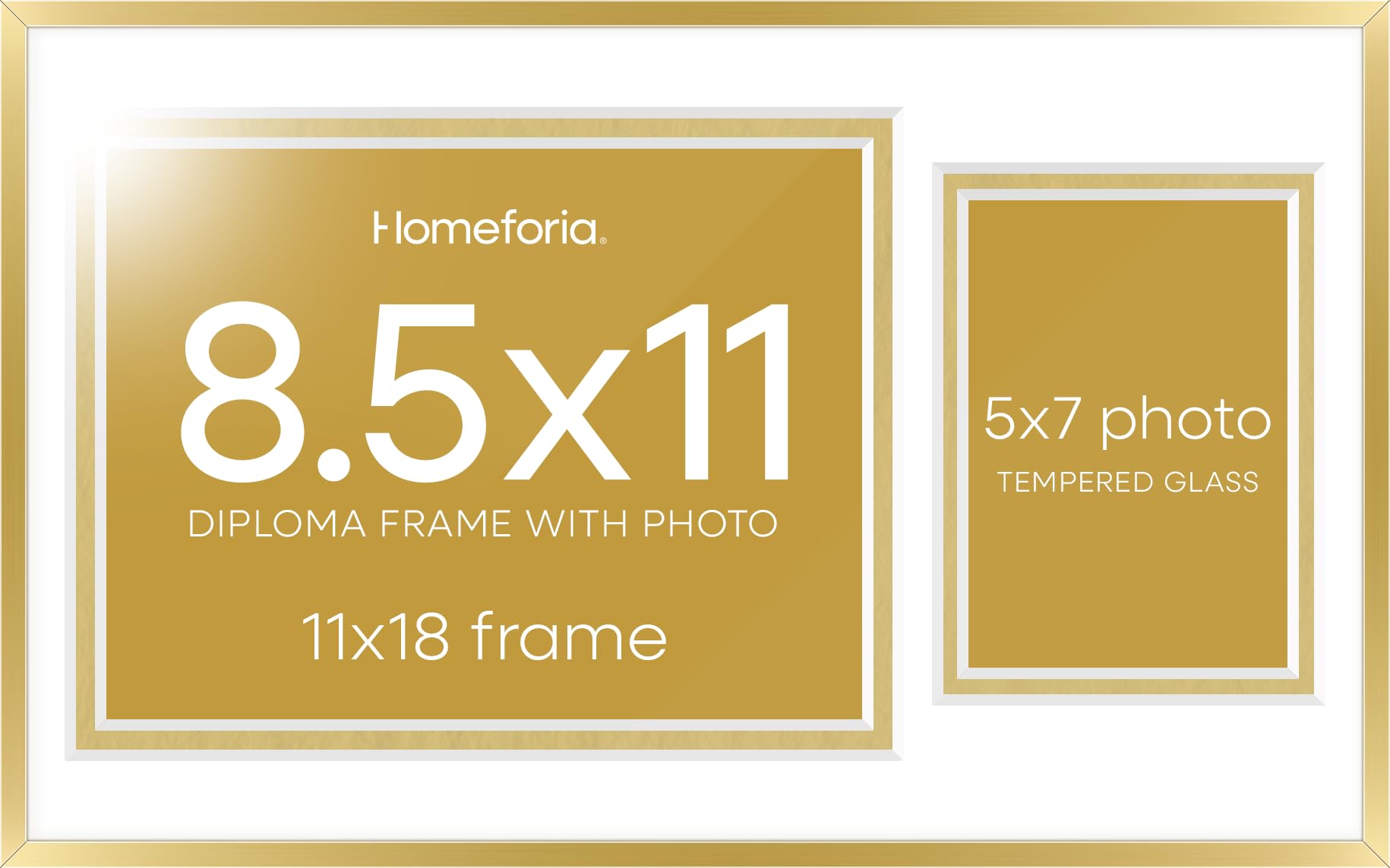Homeforia 11x18 Gold Diploma Frame with Photo, High End Metal 11 x 18 Certificate Frames with Mat for 8.5 x 11 inches Diploma and 5 x 7 Picture, Award Degree Frames, Tempered Glass, Wall Kit, Set of 2