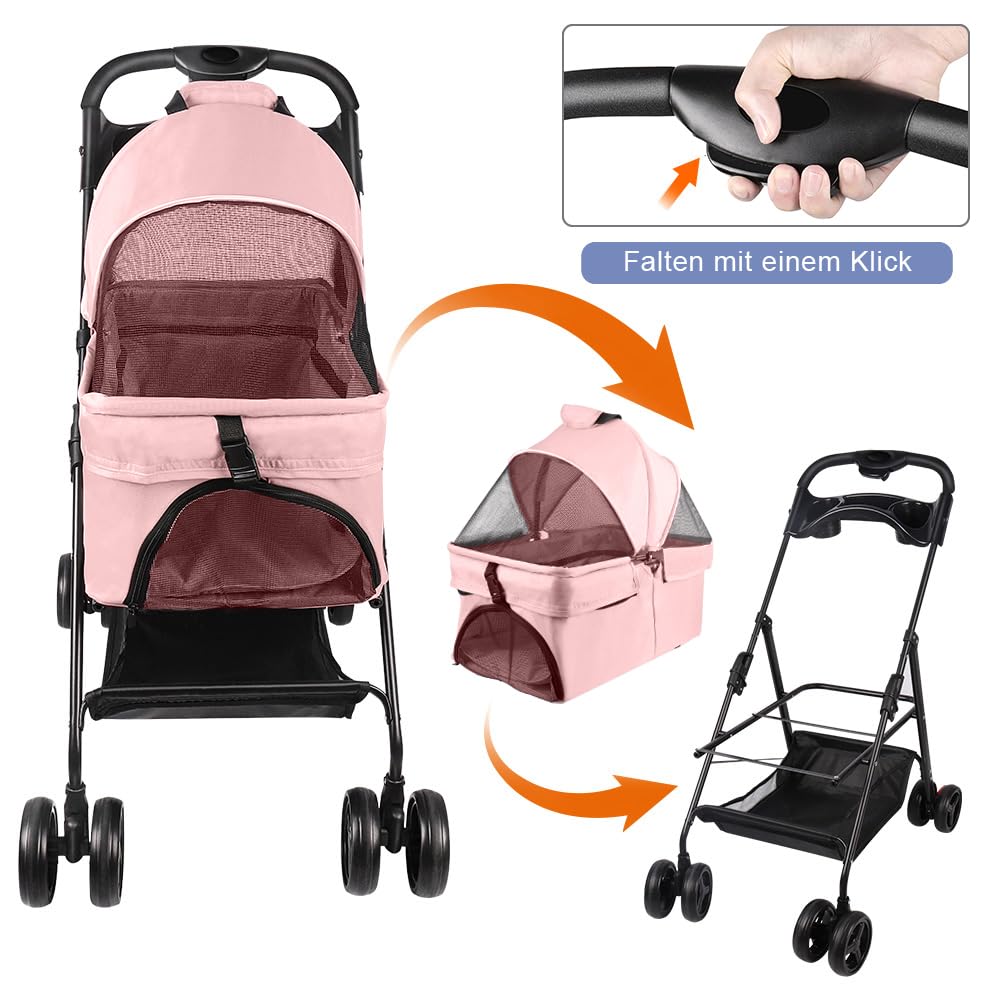 Carrito plegable para mascotas, carrito plegable impermeable para perros y gatos, techo extraíble incluido, portavasos, cesta de almacenamiento, ruedas con freno, 50 x 65 x 99 cm (rosa)