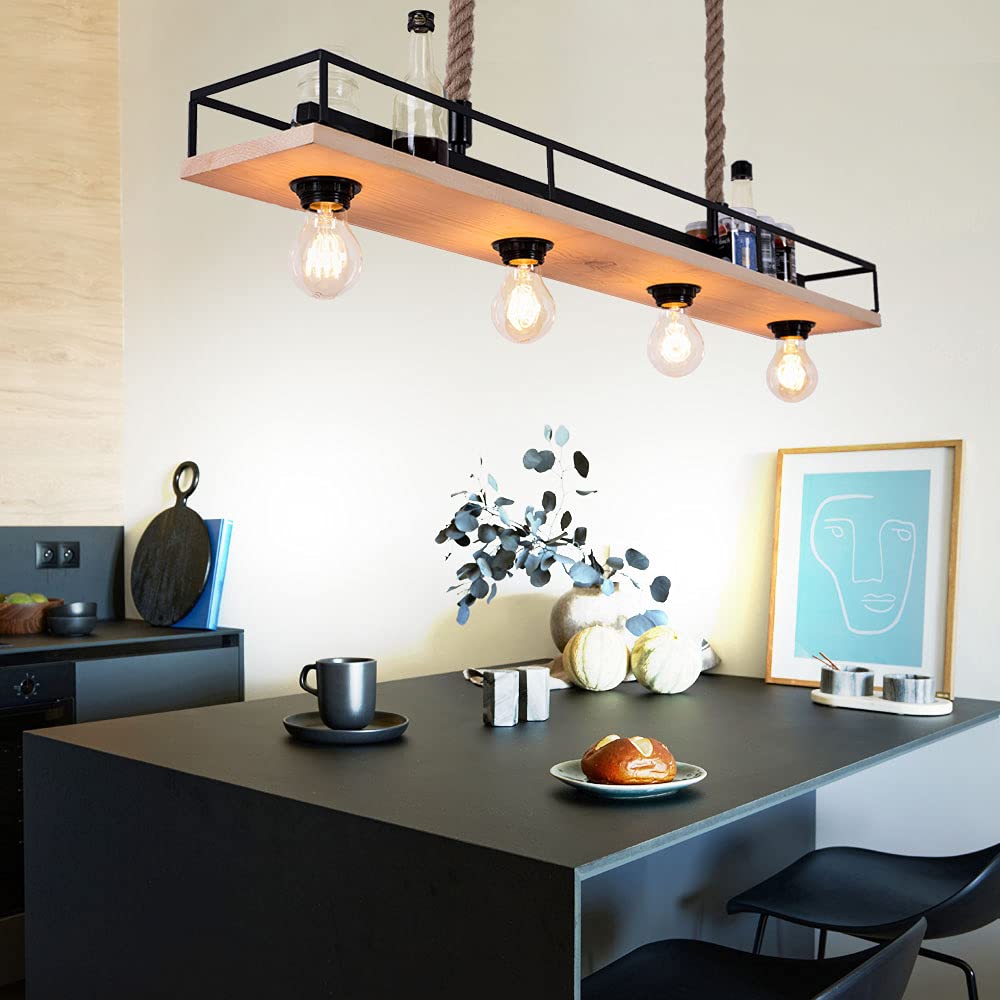 Hängelampe Holzleuchte Deckenleuchte Wohnzimmer Pendelleuchte mit Hanfseil, Metallrahmen mit Ablage schwarz, 4x E27, LxH 95x120 cm