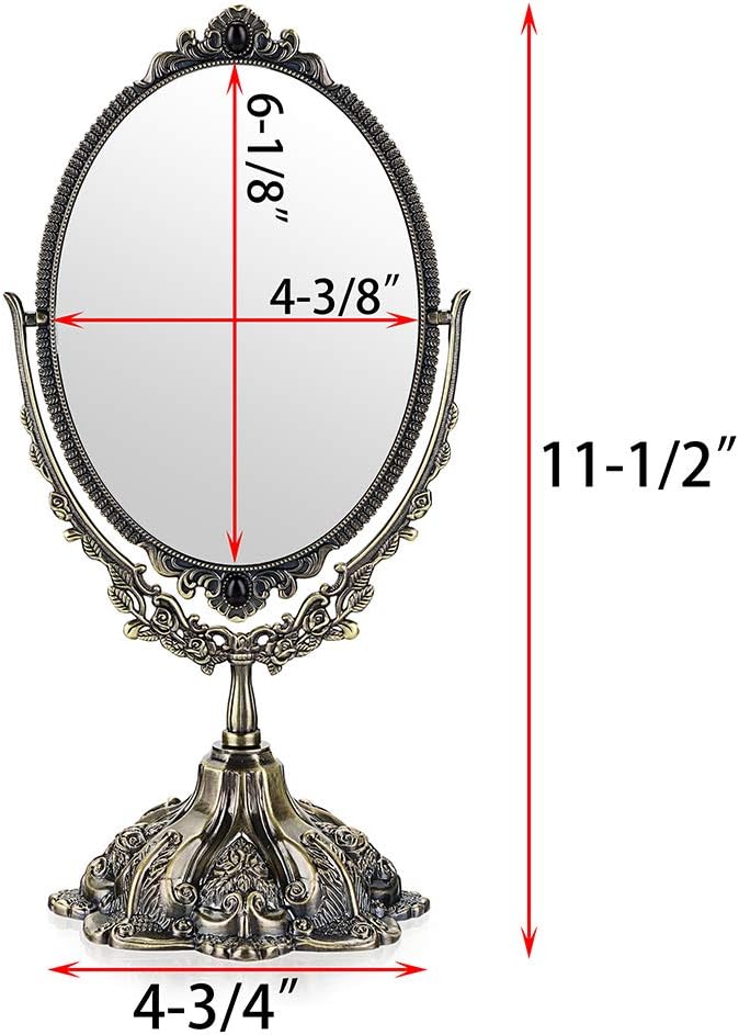 JUXYES Metal Tabletop Antique Decorative Makeup Mirror with Stand, Vintage Swivel Double Sided Cosmetic Mirror with Frame, Retro Desktop Oval Dressing Mirror for Bathroom Bedroom